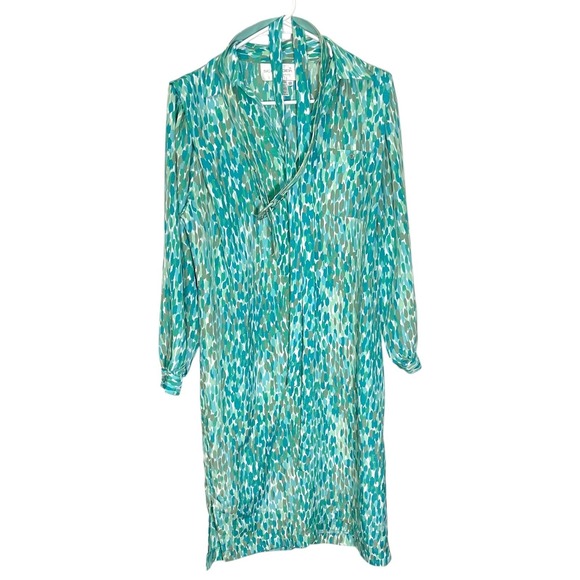 Schrader Petite Dresses & Skirts - Schrader Petite 12 Teal Green Abstract Shirt Dress Belted Long Sleeve Vintage